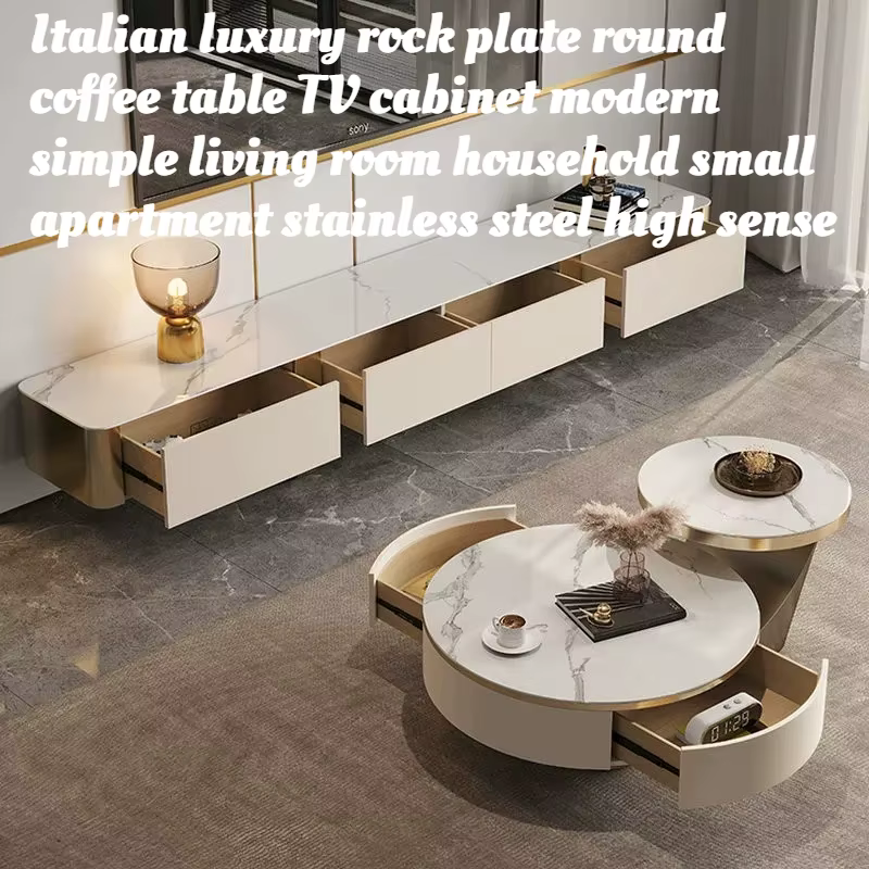Ensemble de meubles de salon de luxe moderne italien : Meuble TV et table basse ronde en marbre avec rangement