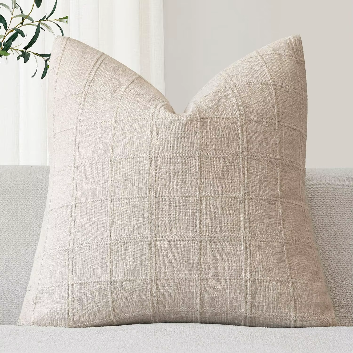 Housses de coussin en lin beige à carreaux