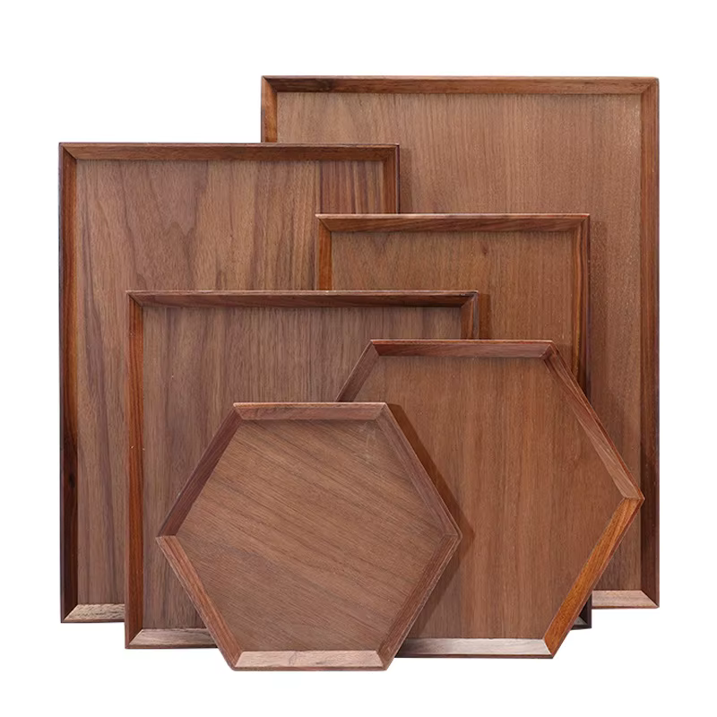 Plateau Rectangulaire Sculpté en Noyer Noir pour Hôtel