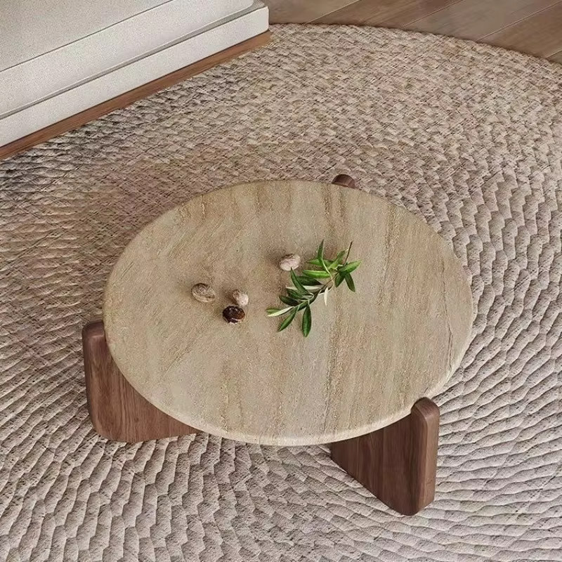 Wabisabi vent Table basse en travertin en bois massif minimaliste petit appartement salon ménage balcon rond