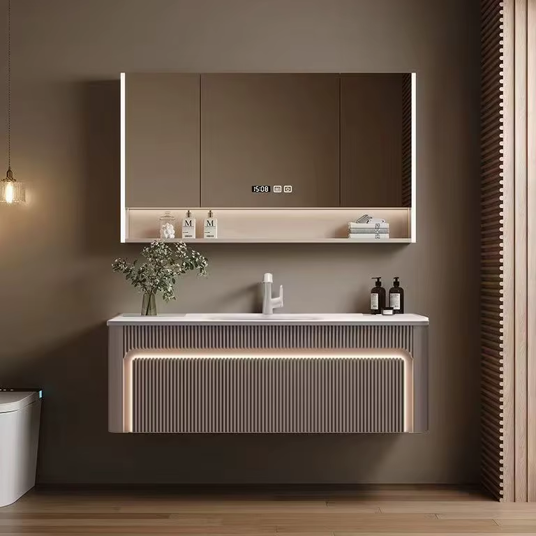 Meubles de salle de bain modernes en bois avec vasque intégrée