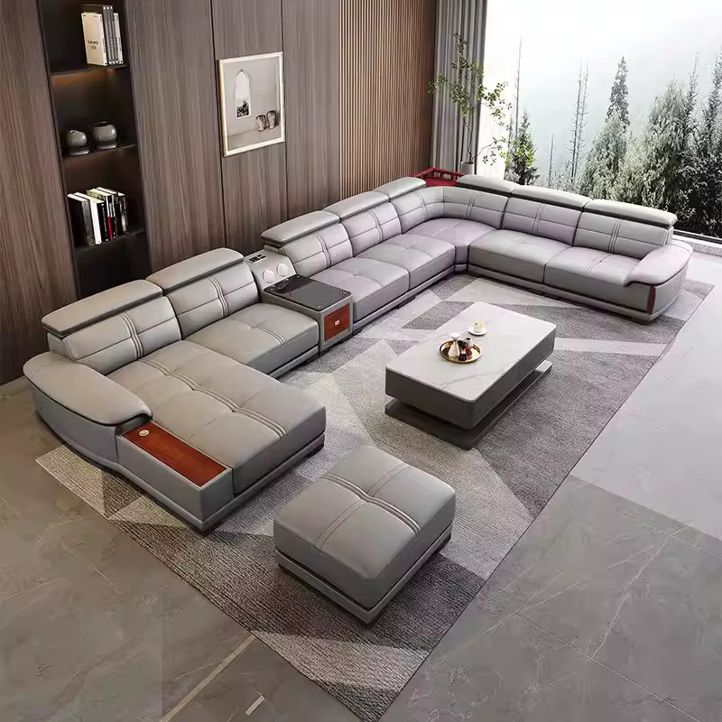 Grand canapé en cuir véritable avec chaise longue