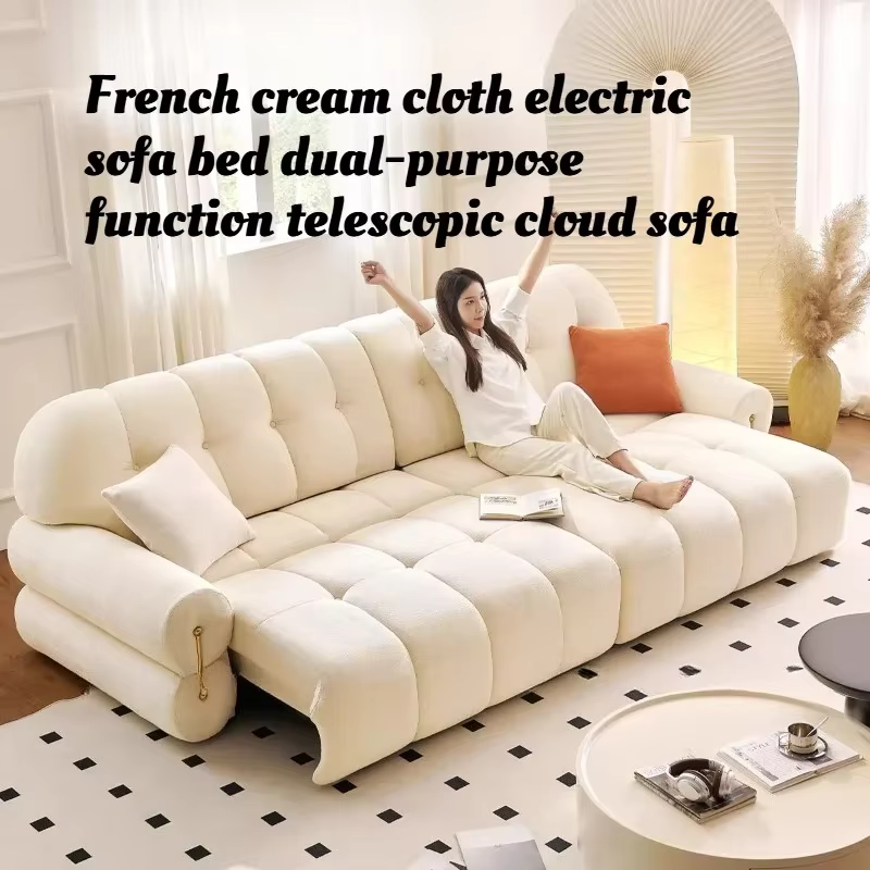 Canapé-lit électrique en tissu crème style guimauve