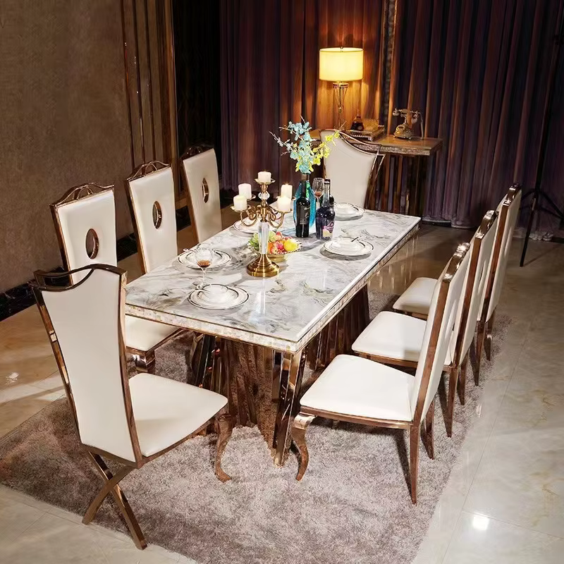 Linlimlam – ensemble de salle à manger de luxe: 6 chaises en cuir véritable en acier inoxydable et Table rectangulaire