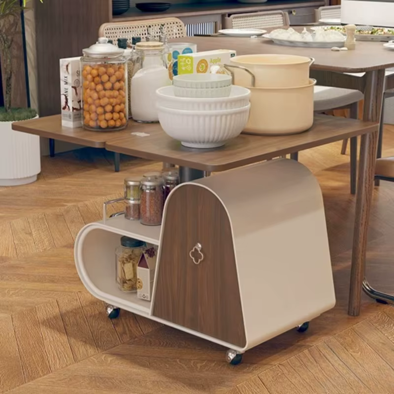 Tables basses de rangement en bois avec plateau relevable sur roulettes