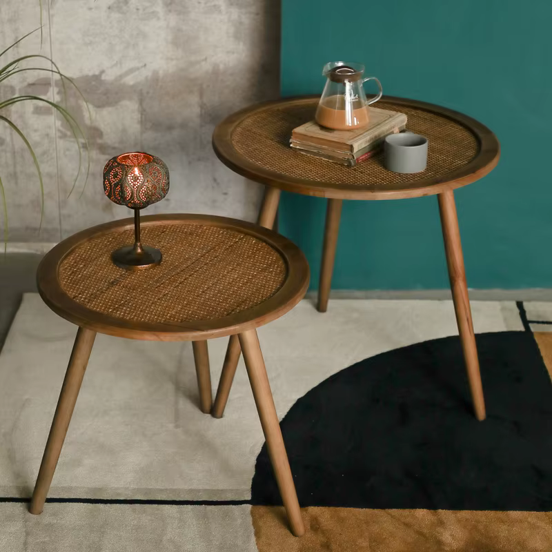 Table basse américaine rétro en rotin tissé naturel
