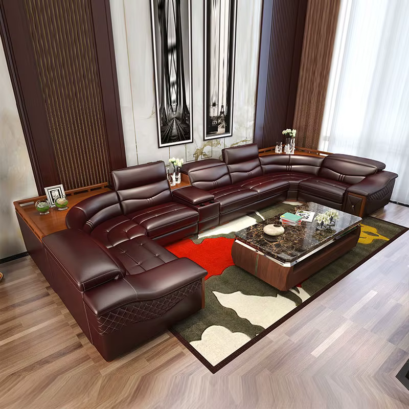 Ensemble de canapé de luxe en cuir véritable en forme de U avec fauteuil inclinable